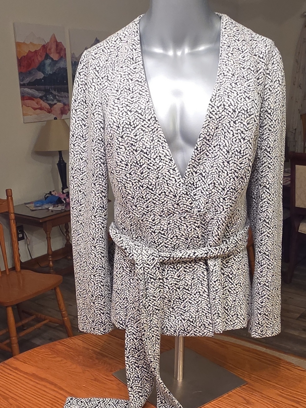 Lane Bryant Black and White Printed Wrap Blazer with Tie